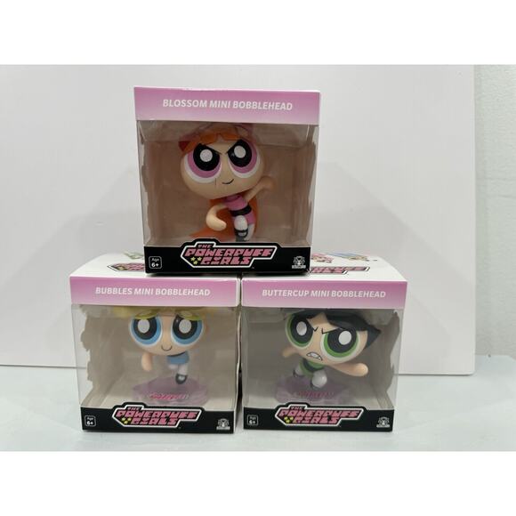 CultureFly Powerpuff Girls Blossom Buttercup Bubbles Mini Bobble Head Figure Set - Picture 1 of 4